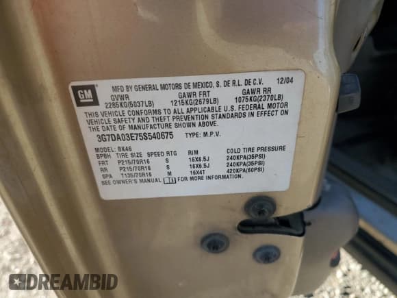 ✅ 2005 Pontiac Aztek • VIN: 3G7DA03E75S540675 • Лот: 92327615. Опубликован ранее на Copart с пробегом 202 664 миль. Бесплатный доступ к архиву аукционных продаж из США и подробный отчёт об истории автомобиля на DreamBid. Изображение 13.