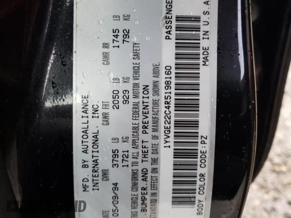 ✅ 1994 Mazda 626 DX • VIN: 1YVGE22C4R5198160 • Lot: 81629914. Wystawiony na Copart z przebiegiem 186 274 mil. Bezpłatny archiwum sprzedaży aukcyjnych z USA i szczegółowy raport historii pojazdu na DreamBid. Zdjęcie 12.