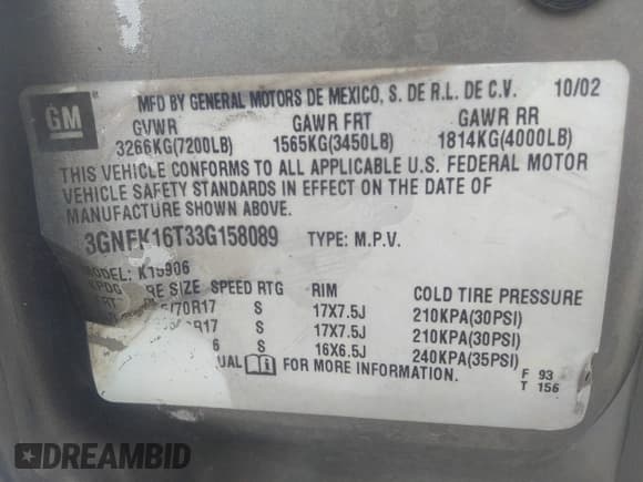 ✅ 2003 Chevrolet Suburban Z71 • VIN: 3GNFK16T33G158089 • Лот: 42360001. Опубликован ранее на IAAI с пробегом Не указан. Бесплатный доступ к архиву аукционных продаж из США и подробный отчёт об истории автомобиля на DreamBid. Изображение 9.