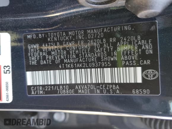 ✅ 2020 Toyota Camry XSE • VIN: 4T1K61AK2LU937955 • Лот: 82470375. Опубликован ранее на Copart с пробегом 56 179 миль. Бесплатный доступ к архиву аукционных продаж из США и подробный отчёт об истории автомобиля на DreamBid. Изображение 12.