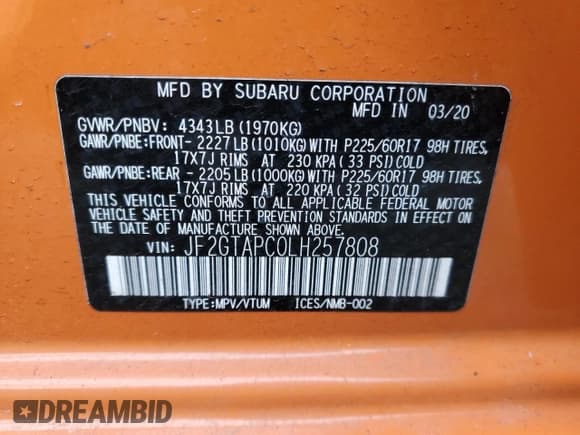 ✅ 2020 Subaru Crosstrek Premium • VIN: JF2GTAPC0LH257808 • Lot: 43364125. Listed on Copart with 106,001 mi. Free auction sales archive from the USA and detailed vehicle history report at DreamBid. Image 14.