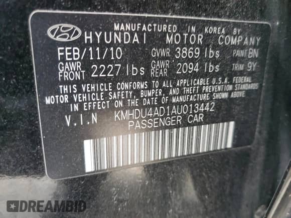 2010 Hyundai Elantra GLS z VIN KMHDU4AD1AU013442, wystawiony jako Copart lot #65640794 z przebiegiem 22 056 mil mil oraz Szkoda całkowita • Salvage title. Historia ofert i sprzedaży dostępna na DreamBid. Obrazek 14.