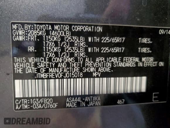 ✅ 2015 Toyota RAV4 LE • VIN: JTMBFREV0FJ015018 • Lot: 94672045. Listed on Copart with 142,133 mi. Free auction sales archive from the USA and detailed vehicle history report at DreamBid. Image 13.