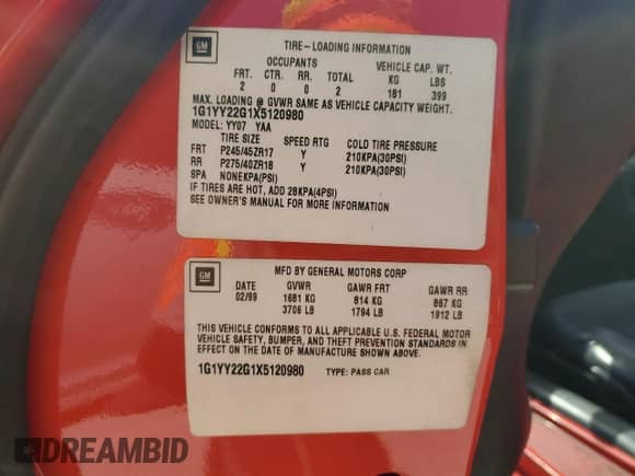 1999 Chevrolet Corvette z VIN 1G1YY22G1X5120980, wystawiony jako Copart lot #74397894 z przebiegiem Nie podano mil oraz Nie do naprawy • Non repairable. Historia ofert i sprzedaży dostępna na DreamBid. Obrazek 13.