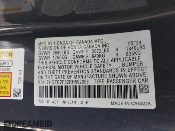 ✅ 2024 Honda Civic Sport • VIN: 2HGFE2F52RH592098 • Lot: 43379468. Listed on IAAI with 29,815 mi. Free auction sales archive from the USA and detailed vehicle history report at DreamBid. Image 9.