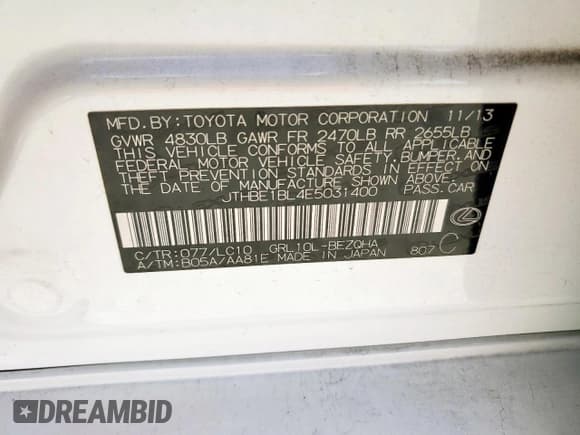 ✅ 2014 Lexus GS 350 • VIN: JTHBE1BL4E5031400 • Lot: 92852405. Listed on Copart with 56,506 mi. Free auction sales archive from the USA and detailed vehicle history report at DreamBid. Image 12.