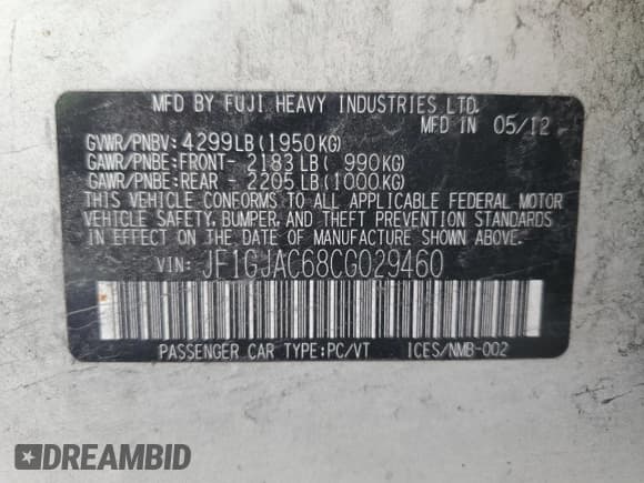 ✅ 2012 Subaru Impreza Premium • VIN: JF1GJAC68CG029460 • Lot: 80791935. Listed on Copart with 133,529 mi. Free auction sales archive from the USA and detailed vehicle history report at DreamBid. Image 13.