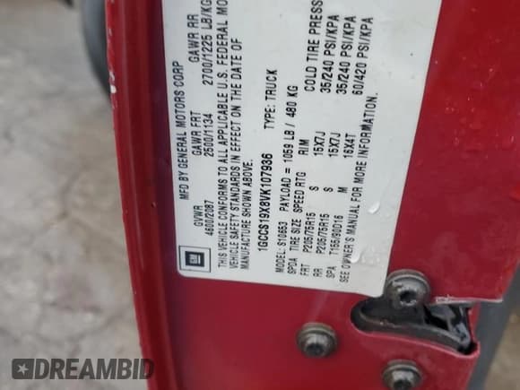 ✅ 1997 Chevrolet S-10 LS • VIN: 1GCCS19X8VK107936 • Лот: 86288304. Опубликован ранее на Copart с пробегом 369 523 миль. Бесплатный доступ к архиву аукционных продаж из США и подробный отчёт об истории автомобиля на DreamBid. Изображение 12.