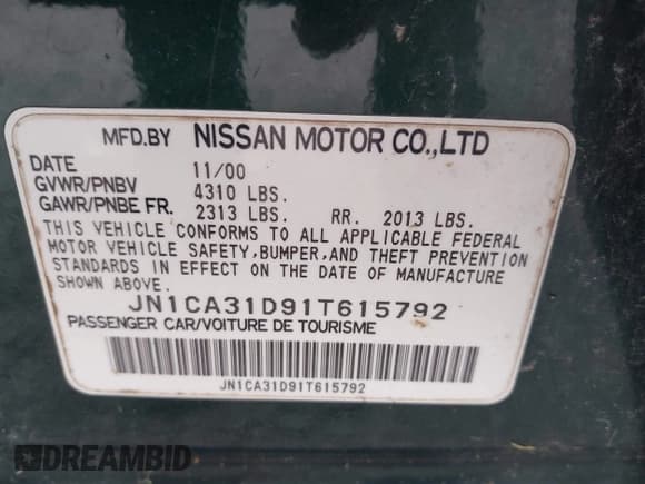 ✅ 2001 Nissan Maxima GXE • VIN: JN1CA31D91T615792 • Lot: 42521675. Listed on IAAI with 94,495 mi. Free auction sales archive from the USA and detailed vehicle history report at DreamBid. Image 9.