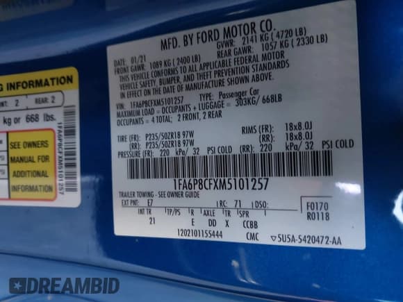 ✅ 2021 Ford Mustang GT • VIN: 1FA6P8CFXM5101257 • Lot: 42207879. Listed on IAAI with 37,036 mi. Free auction sales archive from the USA and detailed vehicle history report at DreamBid. Image 9.