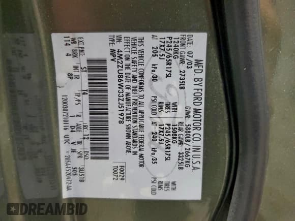 ✅ 2003 Mercury Mountaineer Convenience • VIN: 4M2ZU86W33ZJ51978 • Лот: 96051045. Опубликован ранее на Copart с пробегом 116 503 миль. Бесплатный доступ к архиву аукционных продаж из США и подробный отчёт об истории автомобиля на DreamBid. Изображение 13.