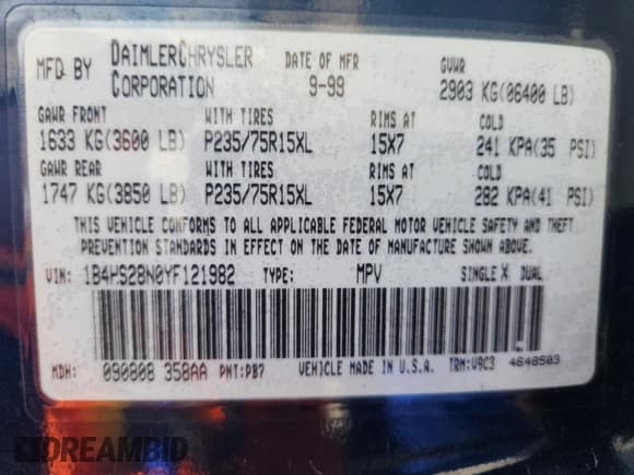 ✅ 2000 Dodge Durango • VIN: 1B4HS28N0YF121982 • Lot: 69323595. Wystawiony na Copart z przebiegiem 95 659 mil. Bezpłatny archiwum sprzedaży aukcyjnych z USA i szczegółowy raport historii pojazdu na DreamBid. Zdjęcie 13.