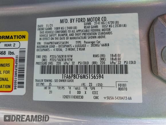 ✅ 2021 Ford Mustang GT • VIN: 1FA6P8CF6M5156594 • Lot: 43165254. Listed on IAAI with 43,467 mi. Free auction sales archive from the USA and detailed vehicle history report at DreamBid. Image 9.