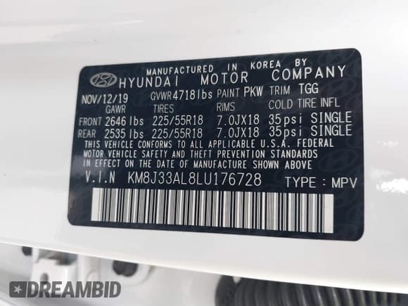 ✅ 2020 Hyundai Tucson SEL • VIN: KM8J33AL8LU176728 • Lot: 37715496. Listed on IAAI with 32,625 mi. Free auction sales archive from the USA and detailed vehicle history report at DreamBid. Image 9.