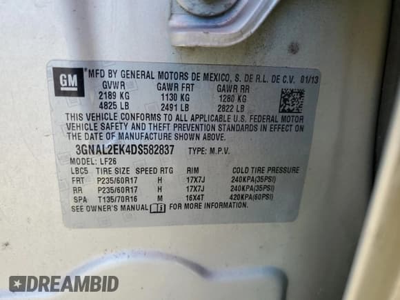 ✅ 2013 Chevrolet Captiva Sport LS • VIN: 3GNAL2EK4DS582837 • Lot: 80129574. Wystawiony na Copart z przebiegiem 222 122 mil. Bezpłatny archiwum sprzedaży aukcyjnych z USA i szczegółowy raport historii pojazdu na DreamBid. Zdjęcie 12.