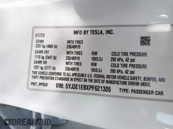 ✅ 2023 Tesla Model 3 Long Range • VIN: 5YJ3E1EBXPF621305 • Lot: 43676187. Listed on IAAI with 30,092 mi. Free auction sales archive from the USA and detailed vehicle history report at DreamBid. Image 9.