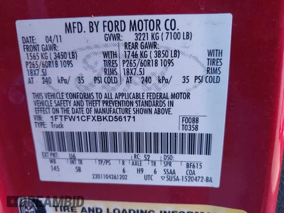 ✅ 2011 Ford F-150 XLT • VIN: 1FTFW1CFXBKD56171 • Lot: 43908299. Listed on IAAI with 223,872 mi. Free auction sales archive from the USA and detailed vehicle history report at DreamBid. Image 9.