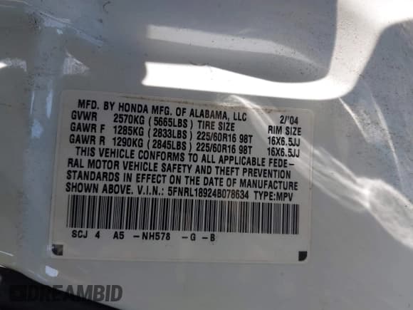 ✅ 2004 Honda Odyssey EX-L • VIN: 5FNRL18924B078634 • Lot: 43310529. Listed on IAAI with 249,022 mi. Free auction sales archive from the USA and detailed vehicle history report at DreamBid. Image 9.