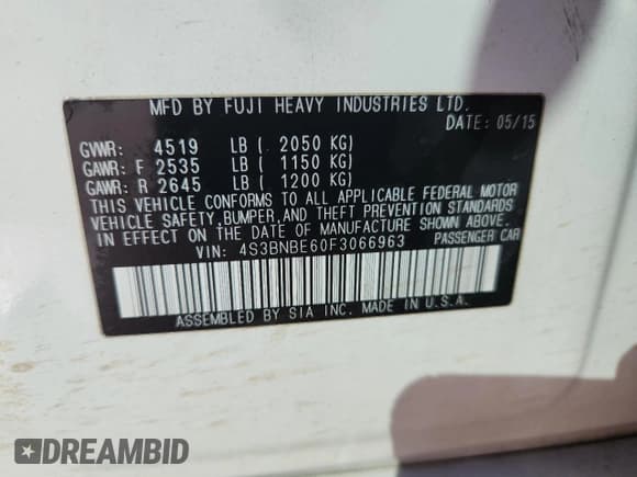 ✅ 2015 Subaru Legacy Premium • VIN: 4S3BNBE60F3066963 • Lot: 87398715. Listed on Copart with 76,357 mi. Free auction sales archive from the USA and detailed vehicle history report at DreamBid. Image 12.