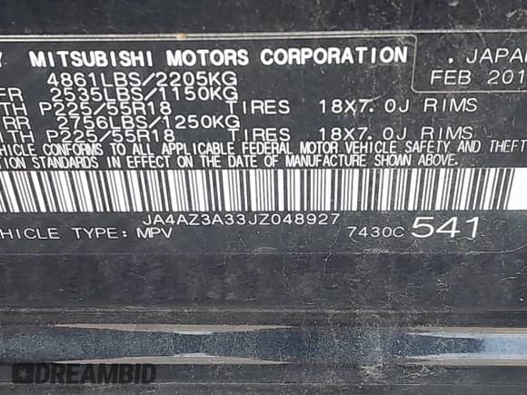 2018 Mitsubishi Outlander ES with VIN JA4AZ3A33JZ048927, listed as a IAAI auction lot 42753414 with 64,343 mi miles and . Bid and sale history available at DreamBid. Image 9.