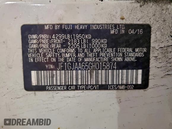 ✅ 2016 Subaru Impreza • VIN: JF1GJAA65GH015874 • Lot: 95967735. Wystawiony na Copart z przebiegiem 86 867 mil. Bezpłatny archiwum sprzedaży aukcyjnych z USA i szczegółowy raport historii pojazdu na DreamBid. Zdjęcie 12.