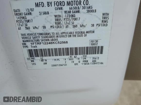 ✅ 2008 Ford F-150 XL • VIN: 1FTRF12248KC52568 • Lot: 74916714. Wystawiony na Copart z przebiegiem Nie podano. Bezpłatny archiwum sprzedaży aukcyjnych z USA i szczegółowy raport historii pojazdu na DreamBid. Zdjęcie 12.