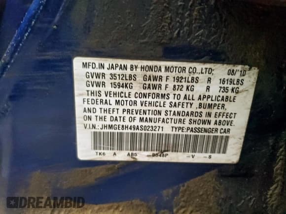 ✅ 2010 Honda Fit Sport • VIN: JHMGE8H49AS023271 • Lot: 96495565. Wystawiony na Copart z przebiegiem 332 810 mil. Bezpłatny archiwum sprzedaży aukcyjnych z USA i szczegółowy raport historii pojazdu na DreamBid. Zdjęcie 12.