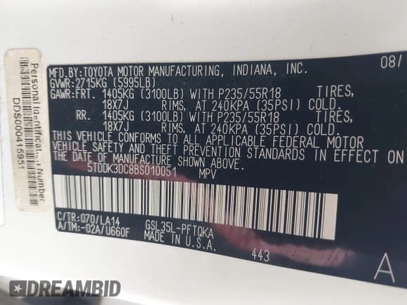 ✅ 2011 Toyota Sienna XLE • VIN: 5TDDK3DC8BS010051 • Lot: 41405424. Listed on IAAI with 293,348 mi. Free auction sales archive from the USA and detailed vehicle history report at DreamBid. Image 9.