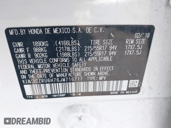 ✅ 2018 Honda HR-V EX-L • VIN: 3CZRU6H76JM716717 • Lot: 42979571. Listed on IAAI with 77,549 mi. Free auction sales archive from the USA and detailed vehicle history report at DreamBid. Image 9.