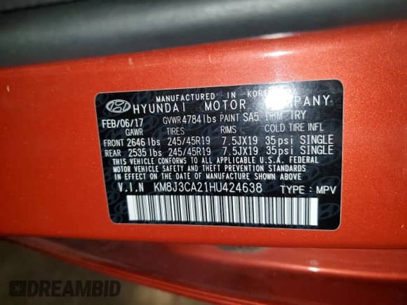 2017 Hyundai Tucson Sport z VIN KM8J3CA21HU424638, wystawiony jako Copart lot #80035895 z przebiegiem 102 672 mil mil oraz Szkoda całkowita • Salvage title. Historia ofert i sprzedaży dostępna na DreamBid. Obrazek 13.