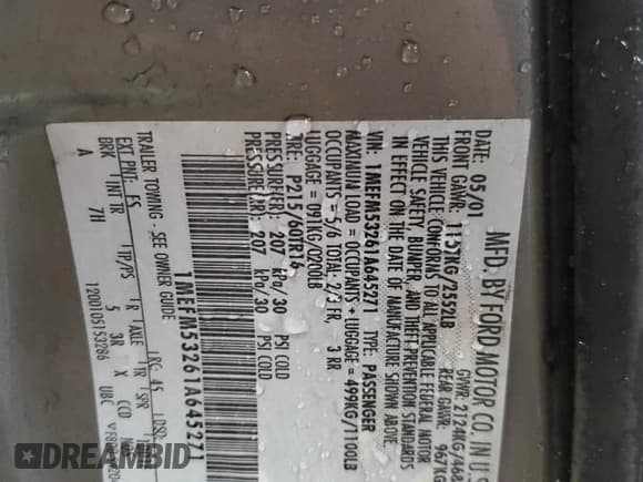 ✅ 2001 Mercury Sable LS • VIN: 1MEFM53261A645271 • Лот: 49706675. Опубликован ранее на Copart с пробегом 76 592 миль. Бесплатный доступ к архиву аукционных продаж из США и подробный отчёт об истории автомобиля на DreamBid. Изображение 12.