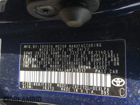 ✅ 2022 Toyota Corolla LE • VIN: 5YFEPMAE0NP319317 • Lot: 43617746. Listed on IAAI with 68,669 mi. Free auction sales archive from the USA and detailed vehicle history report at DreamBid. Image 9.