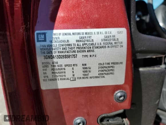 ✅ 2008 Chevrolet HHR LS • VIN: 3GNDA13D28S581757 • Lot: 46347005. Listed on Copart with 121,103 mi. Free auction sales archive from the USA and detailed vehicle history report at DreamBid. Image 15.