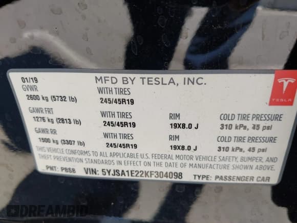 ✅ 2019 Tesla Model S 75D • VIN: 5YJSA1E22KF304098 • Lot: 42293794. Listed on IAAI with 49,545 mi. Free auction sales archive from the USA and detailed vehicle history report at DreamBid. Image 9.
