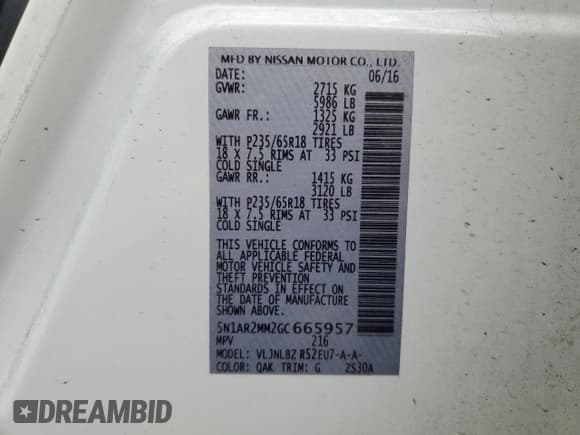 ✅ 2016 Nissan Pathfinder S • VIN: 5N1AR2MM2GC665957 • Lot: 82197745. Listed on Copart with 210,553 mi. Free auction sales archive from the USA and detailed vehicle history report at DreamBid. Image 13.