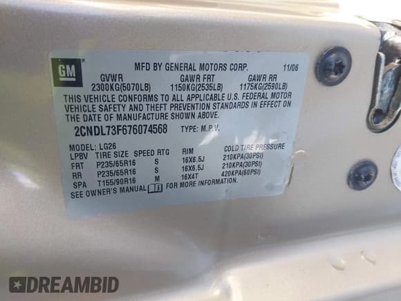 ✅ 2007 Chevrolet Equinox LT • VIN: 2CNDL73F676074568 • Лот: 41365607. Опубликован ранее на IAAI с пробегом 108 091 миль. Бесплатный доступ к архиву аукционных продаж из США и подробный отчёт об истории автомобиля на DreamBid. Изображение 9.