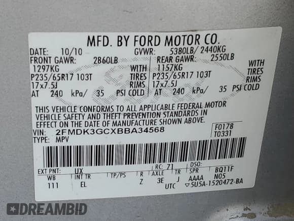 ✅ 2011 Ford Edge SE • VIN: 2FMDK3GCXBBA34568 • Lot: 85942925. Listed on Copart with 314,671 mi. Free auction sales archive from the USA and detailed vehicle history report at DreamBid. Image 13.