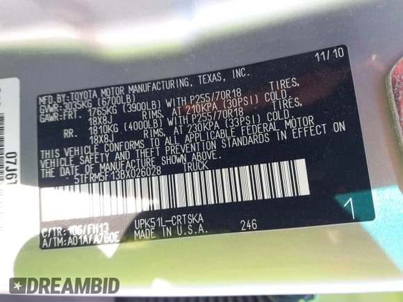 ✅ 2011 Toyota Tundra • VIN: 5TFRM5F13BX026028 • Lot: 43512932. Wystawiony na IAAI z przebiegiem 158 170 mil. Bezpłatny archiwum sprzedaży aukcyjnych z USA i szczegółowy raport historii pojazdu na DreamBid. Zdjęcie 9.