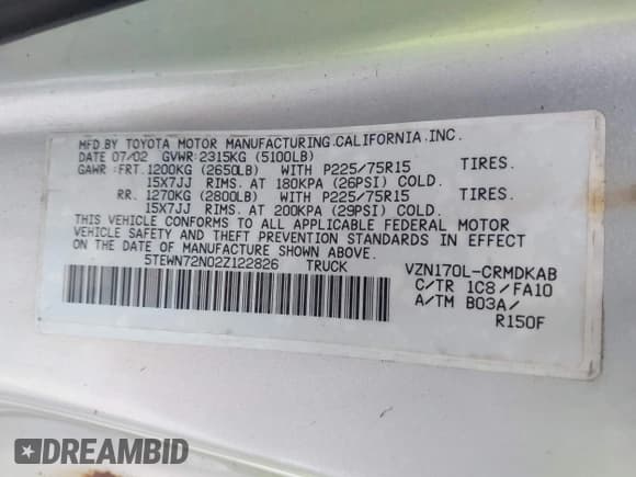 ✅ 2002 Toyota Tacoma • VIN: 5TEWN72N02Z122826 • Lot: 43573099. Listed on IAAI with 216,771 mi. Free auction sales archive from the USA and detailed vehicle history report at DreamBid. Image 9.