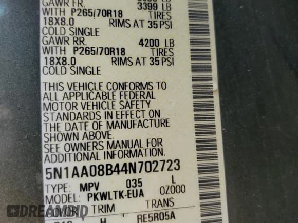 ✅ 2004 Nissan Armada LE • VIN: 5N1AA08B44N702723 • Lot: 84253415. Listed on Copart with 241,283 mi. Free auction sales archive from the USA and detailed vehicle history report at DreamBid. Image 13.