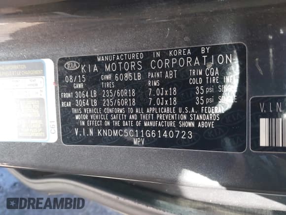 ✅ 2016 Kia Sedona EX • VIN: KNDMC5C11G6140723 • Lot: 41430752. Listed on IAAI with 175,981 mi. Free auction sales archive from the USA and detailed vehicle history report at DreamBid. Image 9.