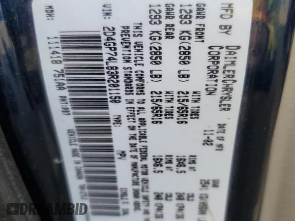 ✅ 2003 Dodge Caravan EX • VIN: 2D4GP74L83R201150 • Лот: 91287595. Опубликован ранее на Copart с пробегом 160 784 миль. Бесплатный доступ к архиву аукционных продаж из США и подробный отчёт об истории автомобиля на DreamBid. Изображение 13.