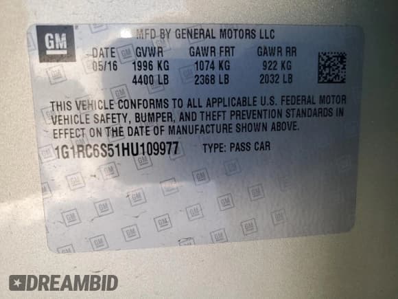 ✅ 2017 Chevrolet Volt LT • VIN: 1G1RC6S51HU109977 • Lot: 92115795. Listed on Copart with 83,547 mi. Free auction sales archive from the USA and detailed vehicle history report at DreamBid. Image 12.