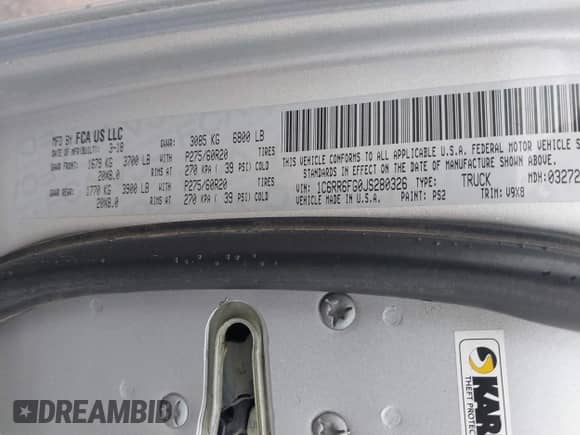 2018 Ram 1500 Tradesman z VIN 1C6RR6FG0JS280326, wystawiony jako IAAI lot #43422781 z przebiegiem 89 435 mil mil oraz . Historia ofert i sprzedaży dostępna na DreamBid. Obrazek 9.