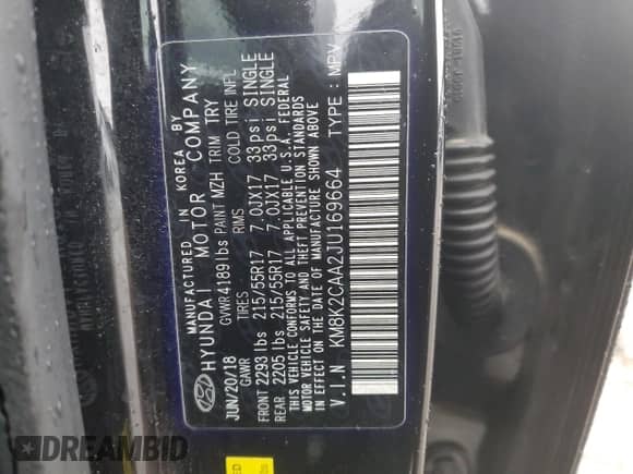 2018 Hyundai Kona SEL with VIN KM8K2CAA2JU169664, listed as a Copart auction lot 84850834 with 35,774 mi miles and Salvage title. Bid and sale history available at DreamBid. Image 14.