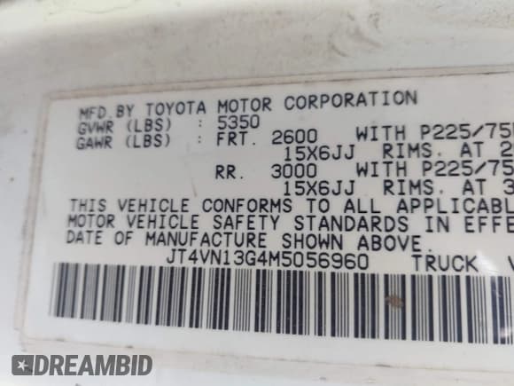 ✅ 1991 Toyota Pickup DLX • VIN: JT4VN13G4M5056960 • Lot: 42715004. Wystawiony na IAAI z przebiegiem 259 312 mil. Bezpłatny archiwum sprzedaży aukcyjnych z USA i szczegółowy raport historii pojazdu na DreamBid. Zdjęcie 9.