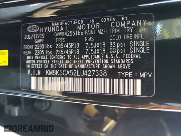 2020 Hyundai Kona Ultimate with VIN KM8K5CA52LU427338, listed as a Copart auction lot 67275882 with 32,864 mi miles and . Bid and sale history available at DreamBid. Image 12.