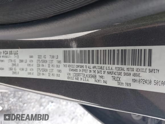 ✅ 2020 Ram 1500 Big Horn • VIN: 1C6SRFFT2LN103468 • Lot: 42527518. Listed on IAAI with 101,679 mi. Free auction sales archive from the USA and detailed vehicle history report at DreamBid. Image 9.