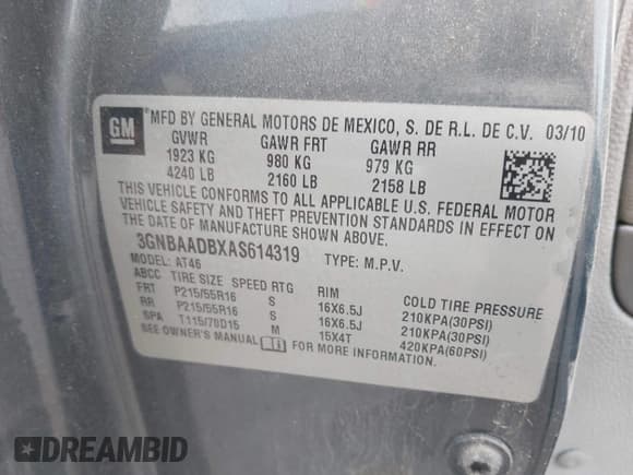 ✅ 2010 Chevrolet HHR LS • VIN: 3GNBAADBXAS614319 • Lot: 41267634. Listed on IAAI with 301,398 mi. Free auction sales archive from the USA and detailed vehicle history report at DreamBid. Image 9.