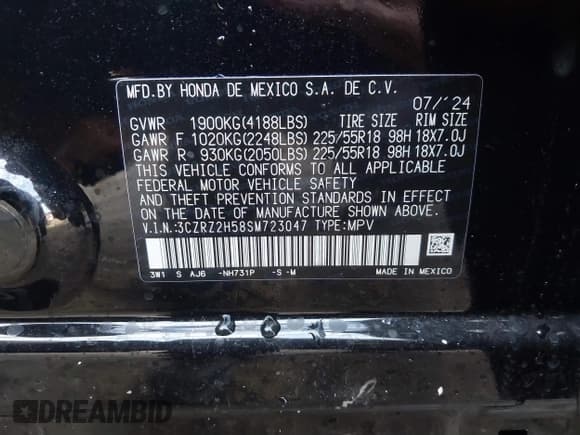 ✅ 2025 Honda HR-V Sport • VIN: 3CZRZ2H58SM723047 • Lot: 41214430. Listed on IAAI with Not provided. Free auction sales archive from the USA and detailed vehicle history report at DreamBid. Image 9.